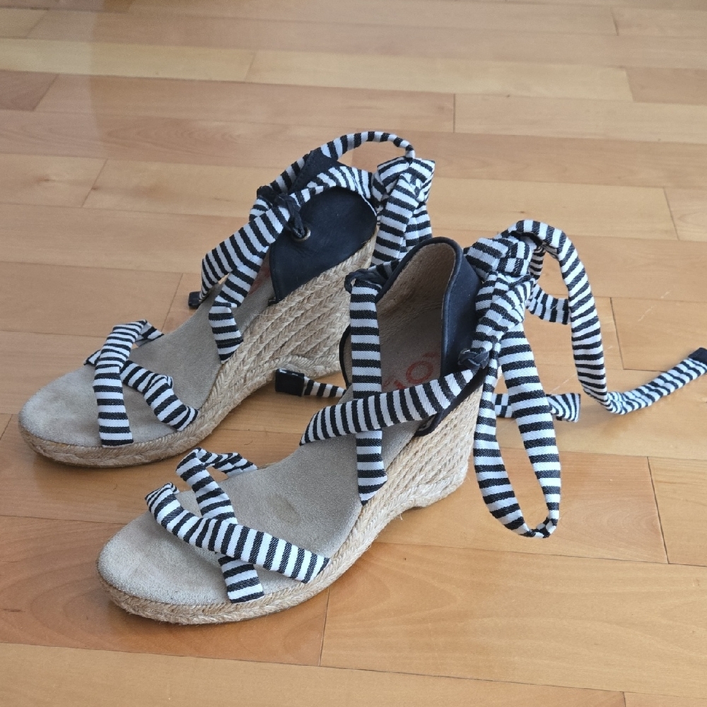 KORS Michael Kors Black and White Striped Wedges